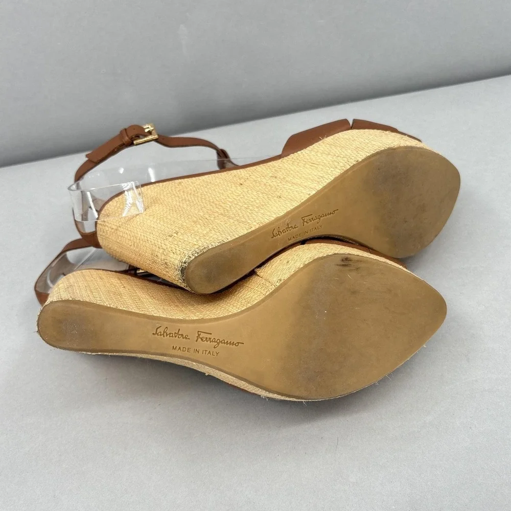 Salvatore Ferragamo Wedge Sandals Shoes Womens 8.5 Leather‎ Espadrille Italy